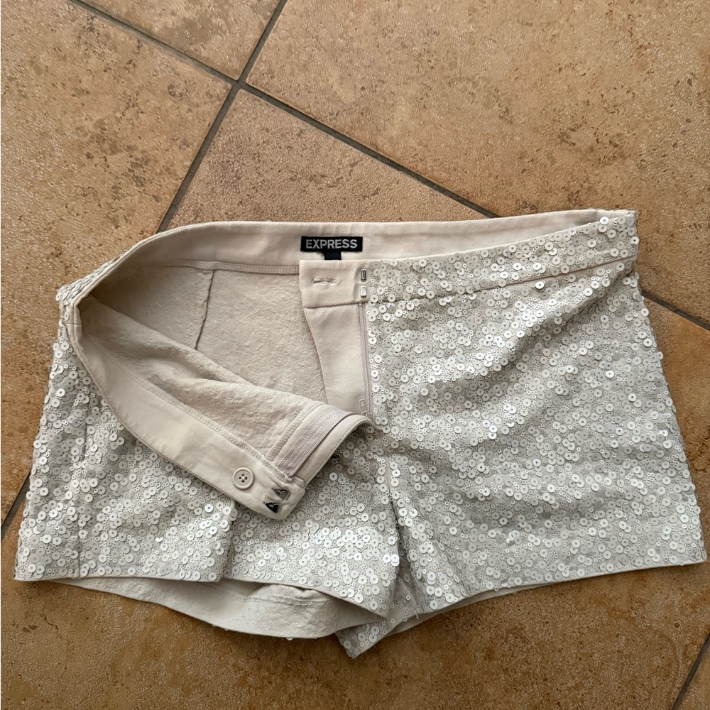 Express High Waist Sequin Silver Shorts - Picture 6 of 6